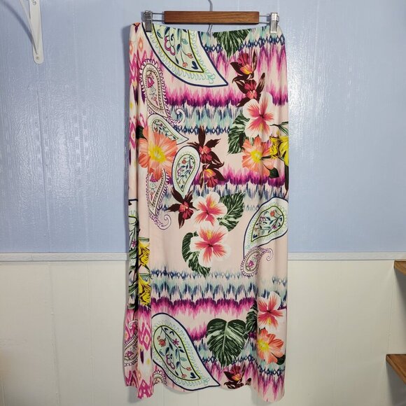 Chico's Size 2 Bright Colorful Hawaiian Floral Side Slit Long Lightweight Skirt - Picture 4 of 7
